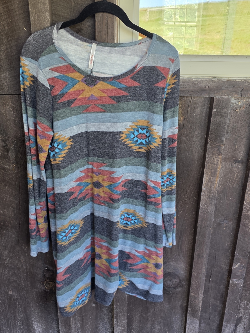 My Story Long Sleeve Aztec Swing Dress in Gray, Blue, Mustard, Red